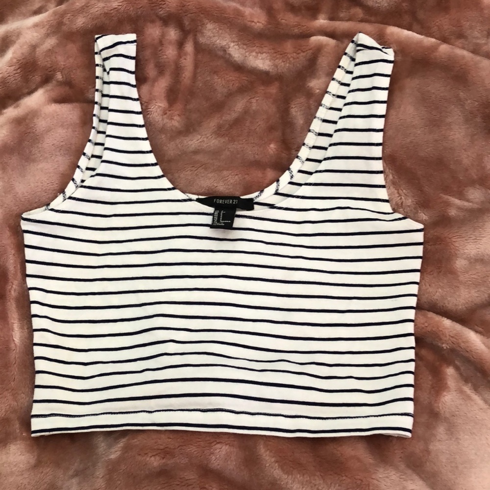 F21 white/black strips crop top